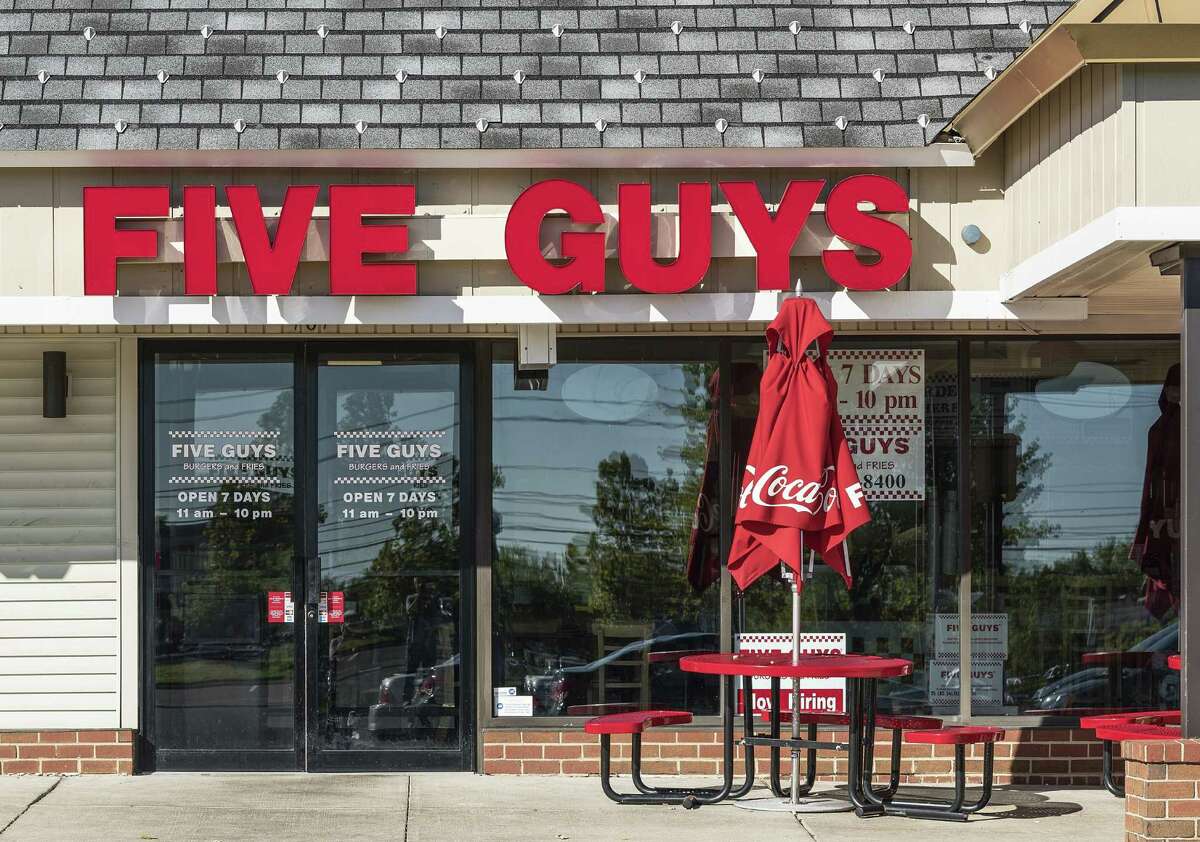 MOUNT LAURAL, NEW JERSEY, UNITED STATES - 2014/08/28: Five Guys restaurant exterior.