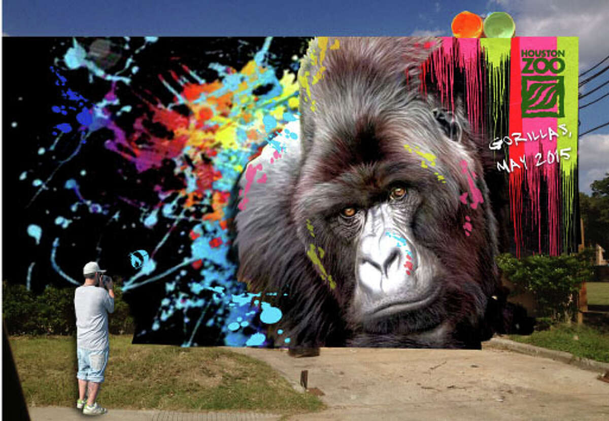 Five gorilla-inspired murals are going up. Here's an artist's digital rendering of what one might look like, just for scale. Check out the next slide for places and times where you can find each painter at work.