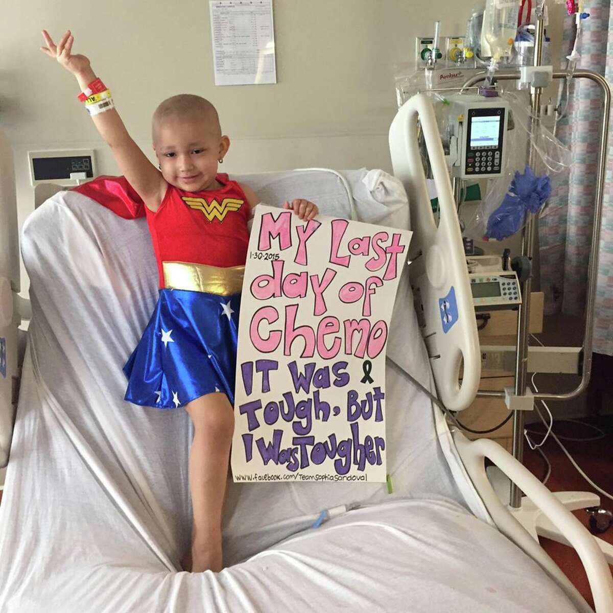 Sophia Sandoval, 3, announced her last day of chemotherapy while wearing a Wonder Woman costume.
