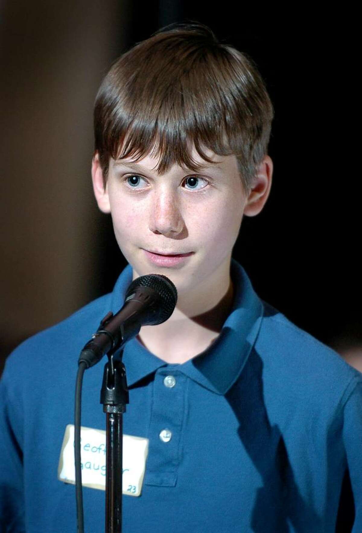 Geoffrey Gaugler, a Burr School student, competes in the final round of Fairfield's townwide spelling bee , sponsored by the Junior Women's Club of Fairfield, Thursday Feb. 25, 2010 at Roger Ludlowe Middle School. Gaugler took second place in the event.