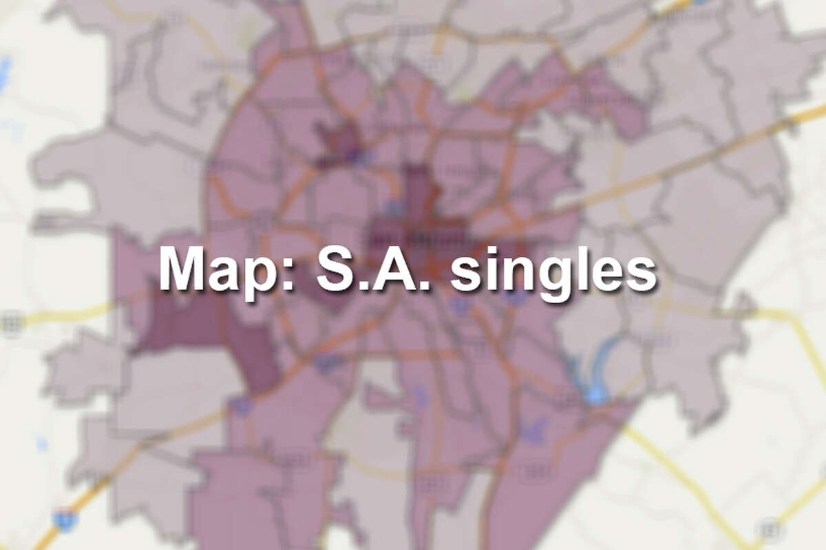 Click through to see the 20 San Antonio ZIP codes where the highest percentage of residents can still be considered "single," and where you probably have a better chance of finding love.  The lightest shade on the map marks areas where the majority of the population is considered "married" by U.S. Census measures.