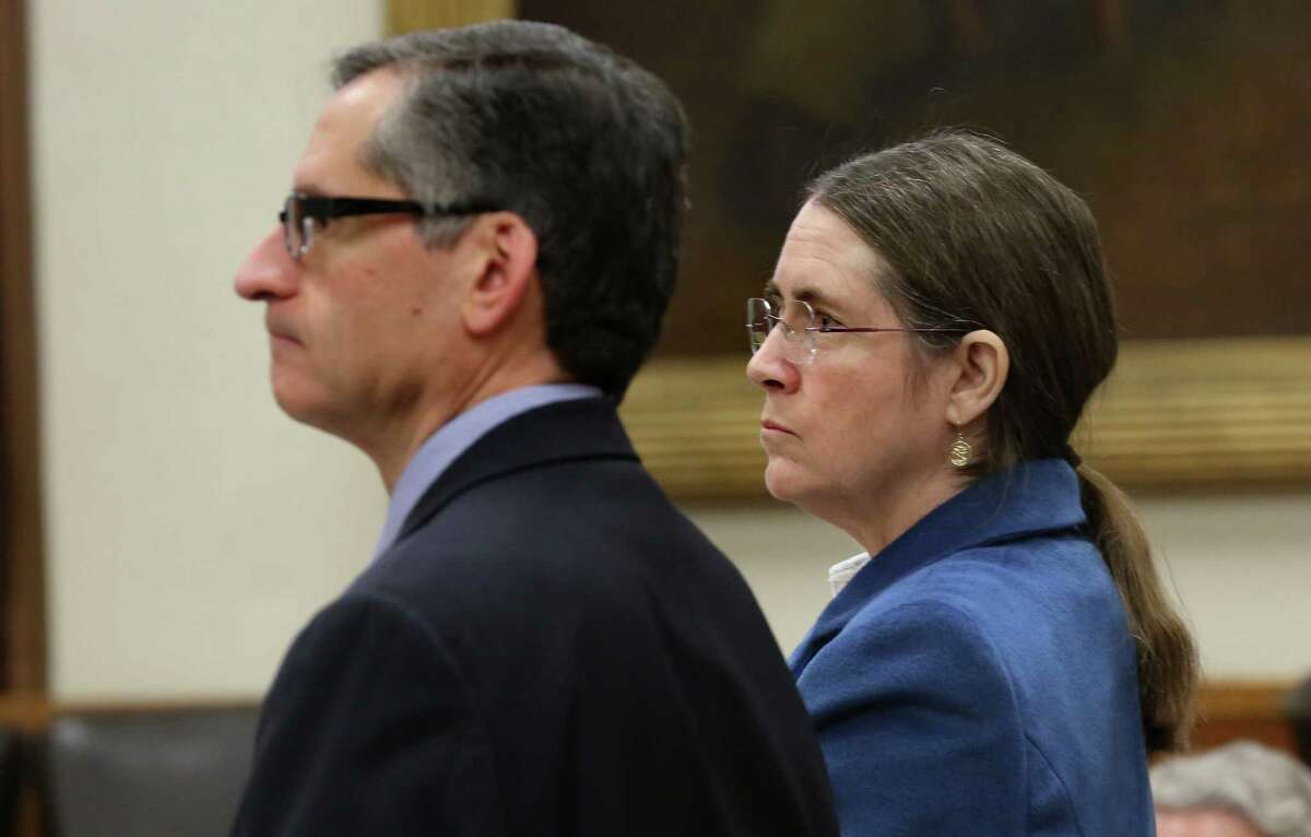 Renee Benson is shown with her lawyer Bennett Stahl during a February hearing. Wednesday’s decision was a victory for her.