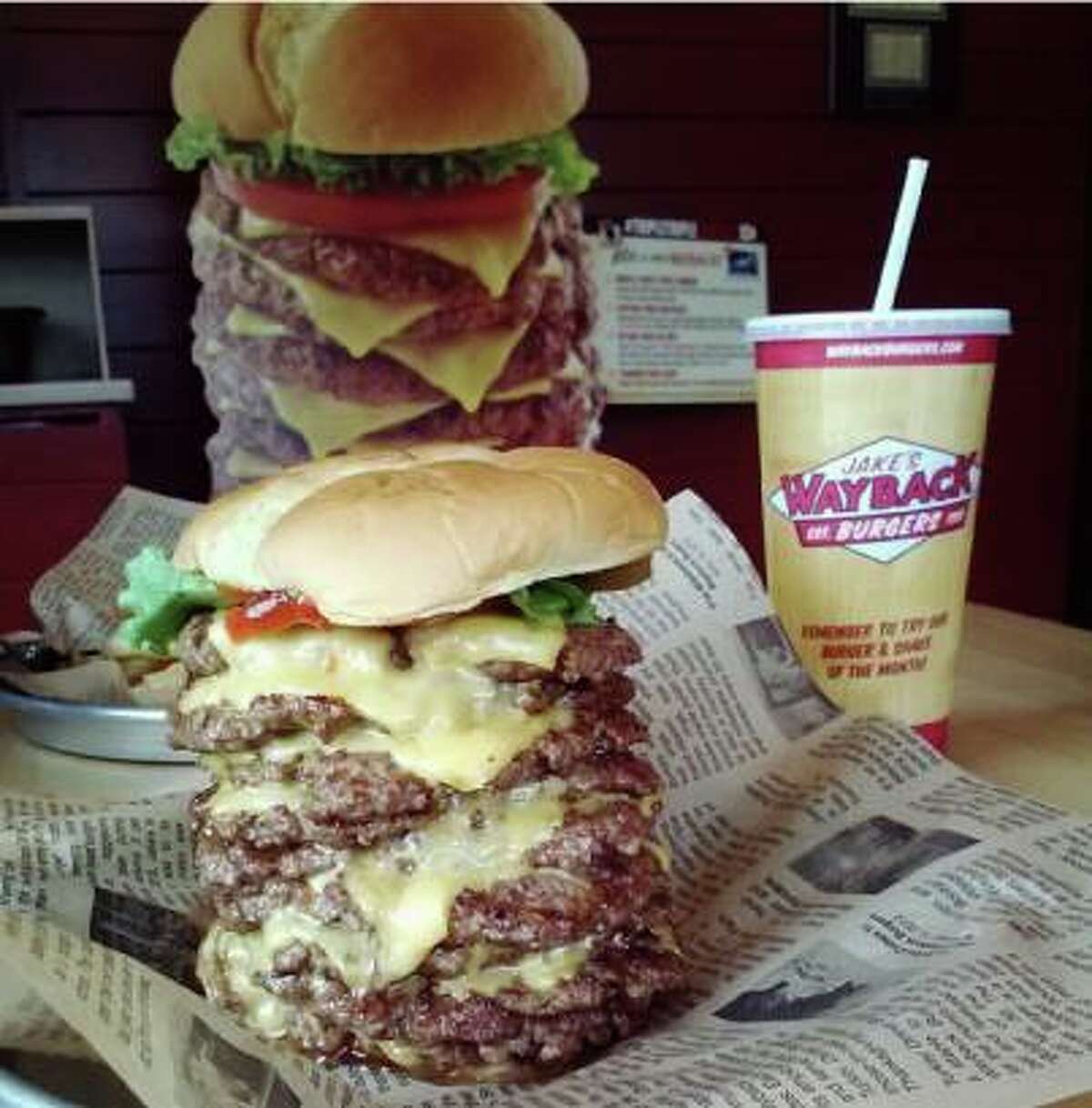 The Triple Triple Burger from Wayback Burgers consists of nine patties and nine slices of cheese.