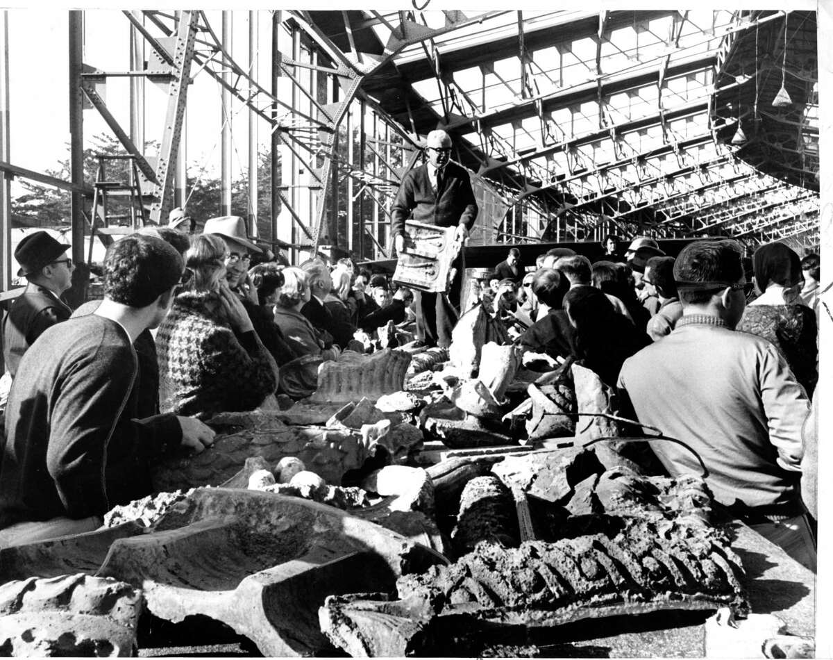 Some original masonry from the the Palace of Fine Arts was auctioned to raise more funds to pay for the renovations. Photo published Jan. 17, 1965.