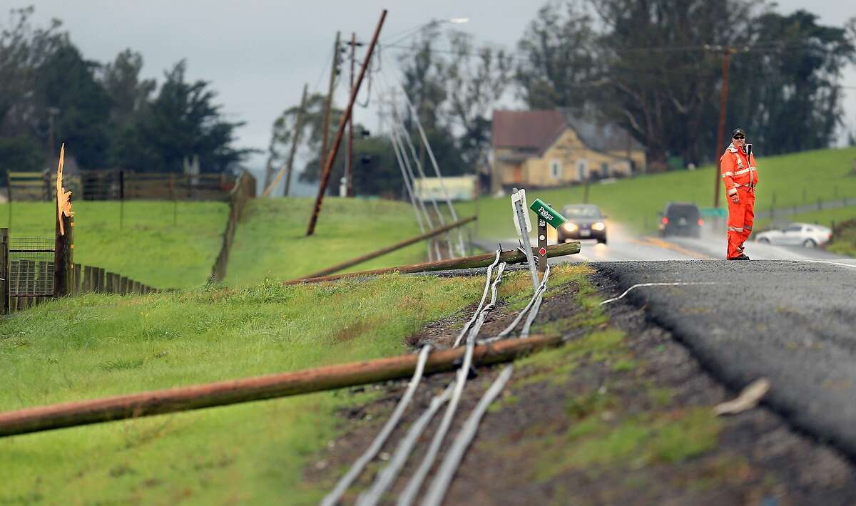 A PG&E worker surveys utility poles, seven in all, that were flattened by strong straight-line winds, Friday Feb. 6, 2015, in the 1600 block of Bodega Highway near Petaluma, Calif. (AP Photo,The Press Democrat, Kent Porter)