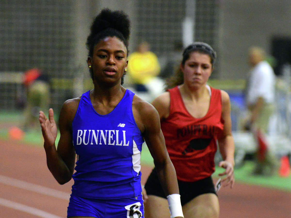 Bunnell's Rose Mwambayi competes in the 55 meter dash, during SWC boys and girls track championship action in New Haven, Conn. on Saturday Feb. 7, 2015.