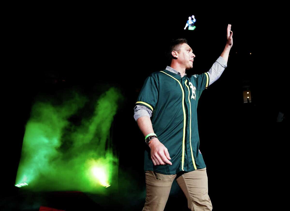 Scott Kazmir is introduced at Fan Fest at Oracle Arena in Oakland on Feb. 8.