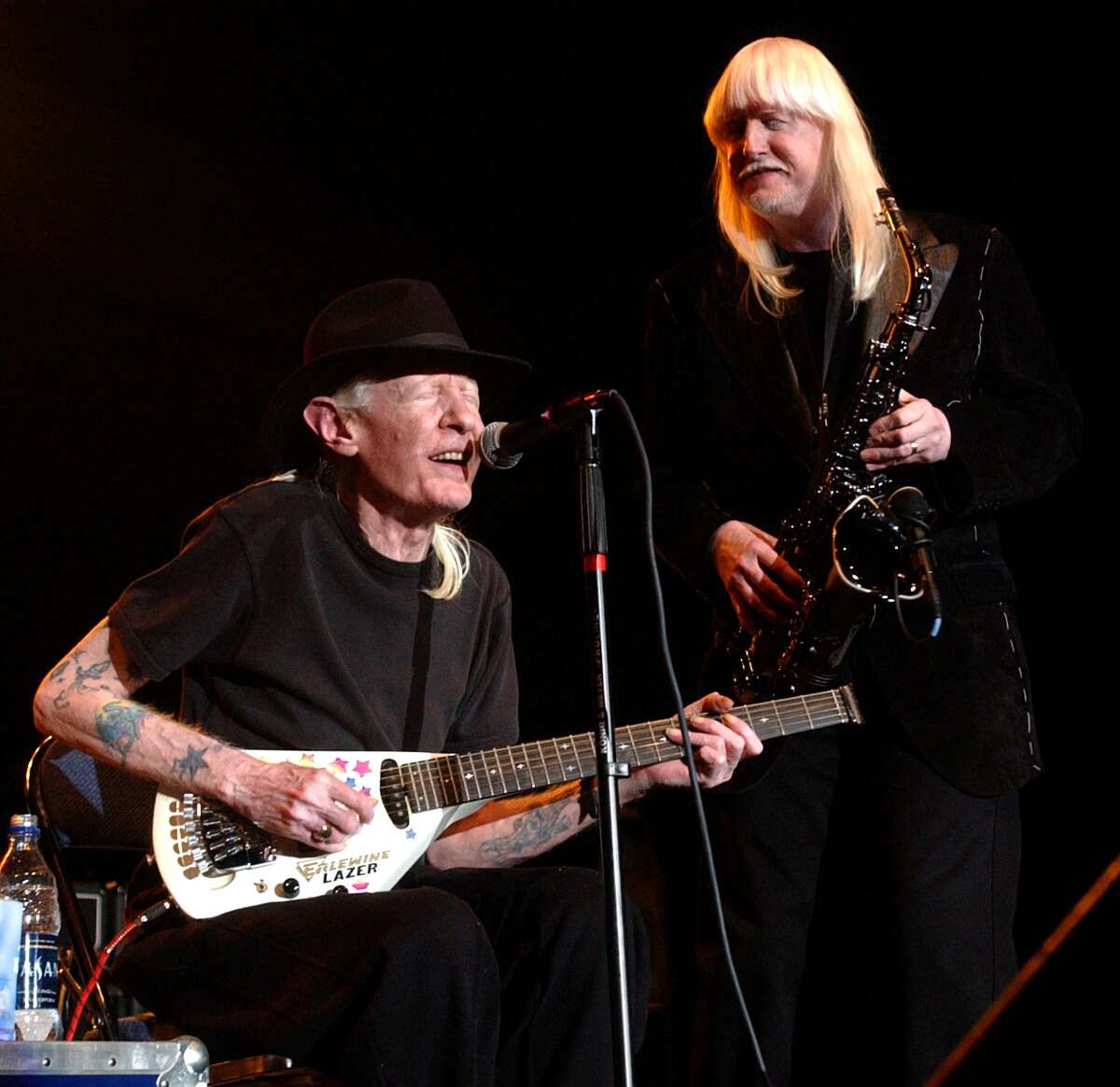 Johnny and Edgar Winter perform together at the Beaumont Civic Center for the first time in 24 years on November17, 2005. Their mother Edwina Winter died last weeek. Enterprise file art