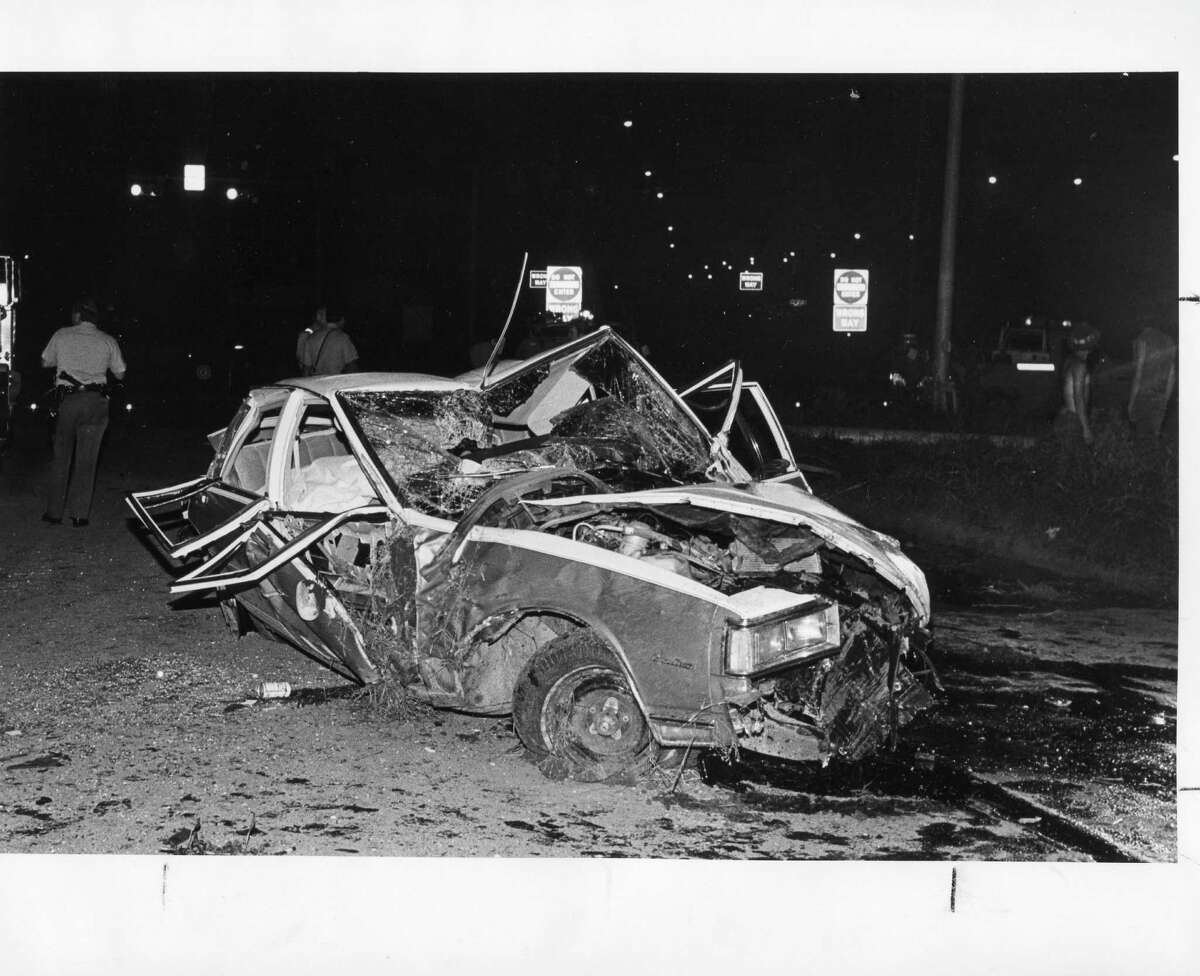 Fatal wreck that involved one car at Zarzamora and Darby Dr. on June 8, 1985. The 20-year-old driver came off eastbound Hwy 90 at a high speed and flipped. SAEN/Charles Barksdale.