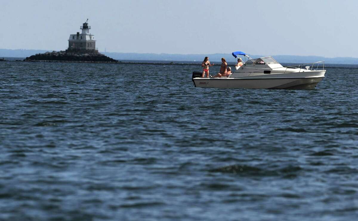 Boaters on the Long Island Sound off of Jennings Beach in Fairfield, Conn.,