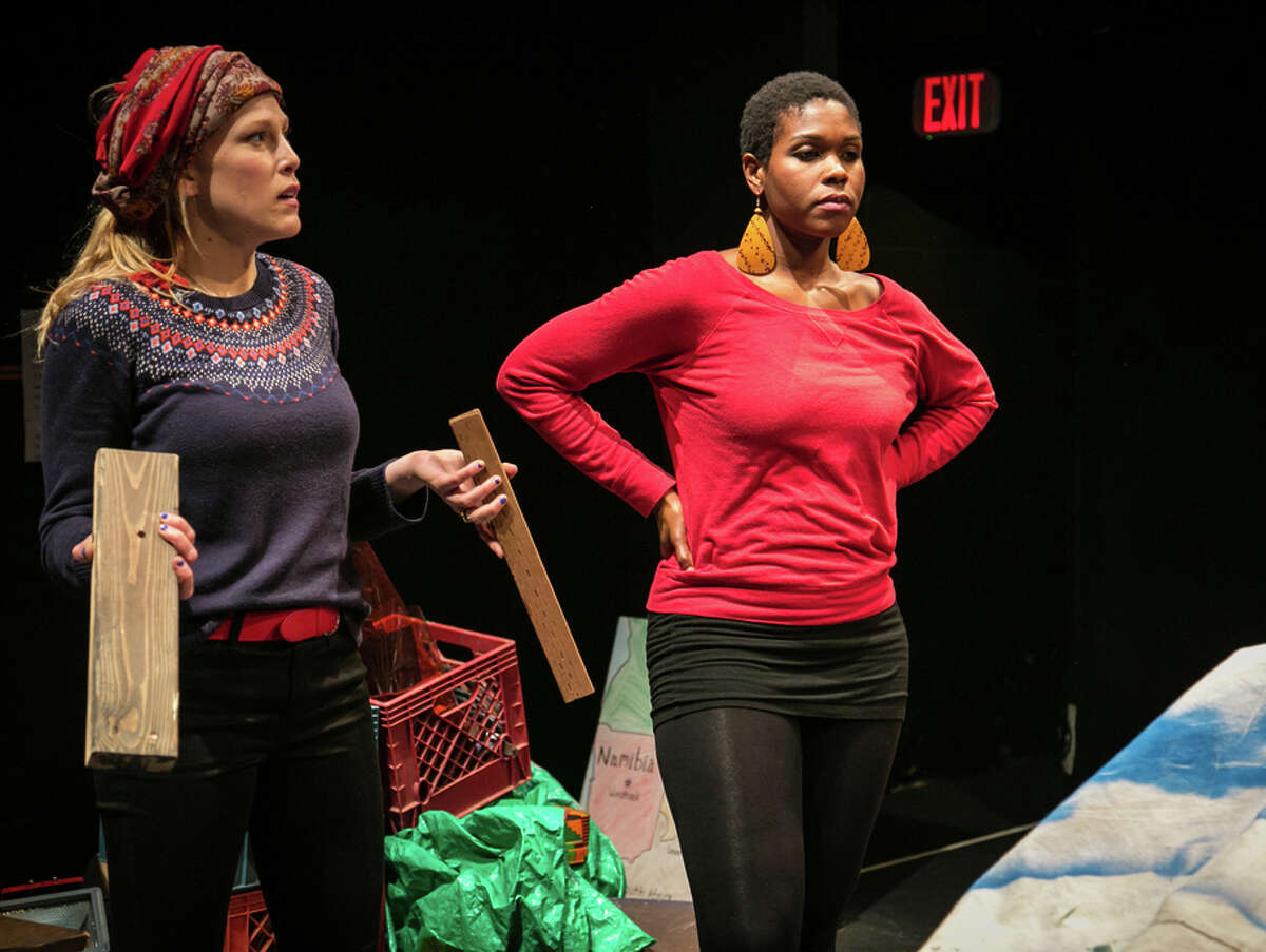 Left: Lucas Hatton (background, left), Megan Trout, Rotimi Agbabiaka and David Moore in the layered “Herero,” a Just Theater and Shotgun Players co-production. Above: Trout and Kehinde Koyejo work on creating a village for the show.