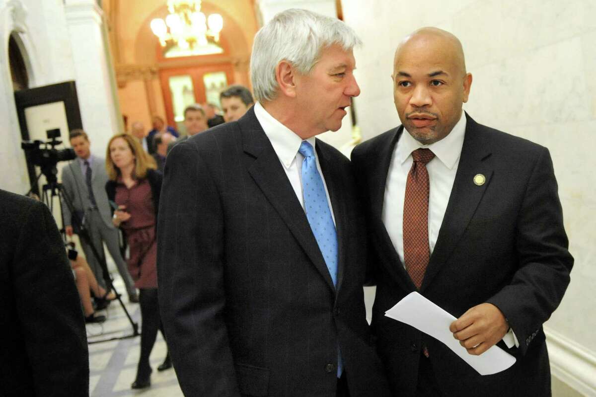 Assembly Speaker Carl Heastie, right, walks with Assemblyman Kevin Cahill on Tuesday, Feb. 10, 2015, at the Capitol in Albany, N.Y. (Cindy Schultz / Times Union)