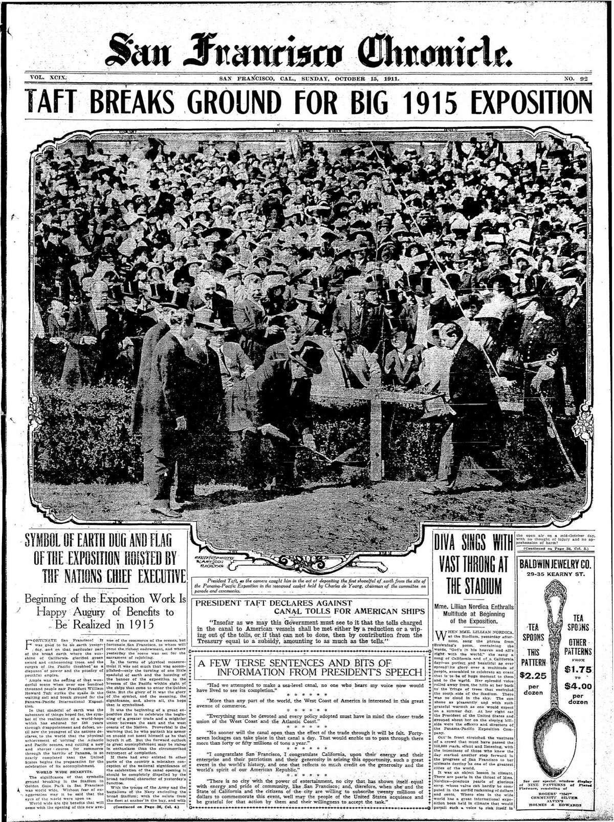 President Howard Taft participating in the groundbreaking for the 1915 Pan Pacific International Exposition in San Francisco during a West Coast visit October 15 1911 San Francisco Chronicle Front Page