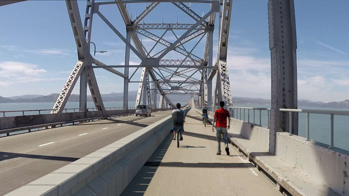 Rendering of planned new bike and pedestrian lane and movable barrier across the 5.5-mile Richmond San Rafael Bridge. The view is of the tress section.