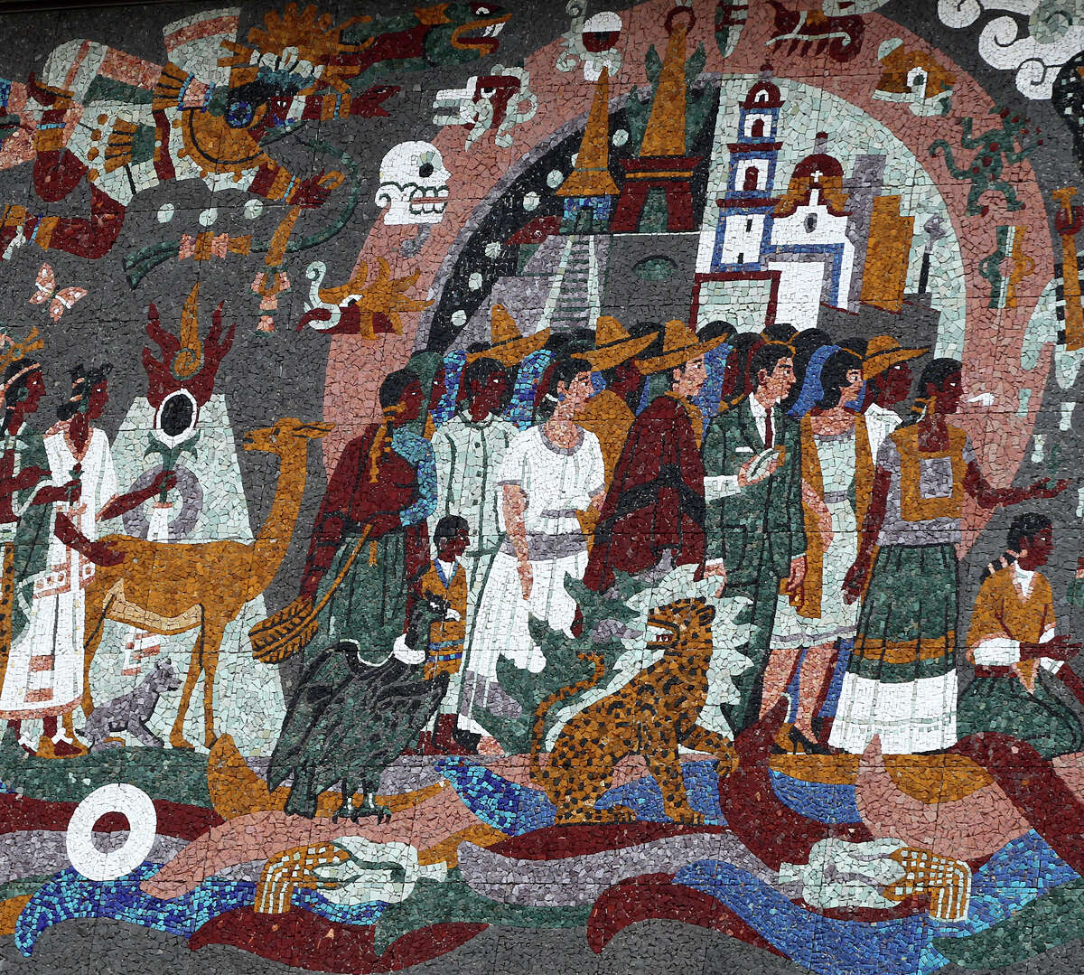This is a section of the "Confluence of Civilization in the Americas" mural made of tile on the Henry B. Gonzalez Convention Center.