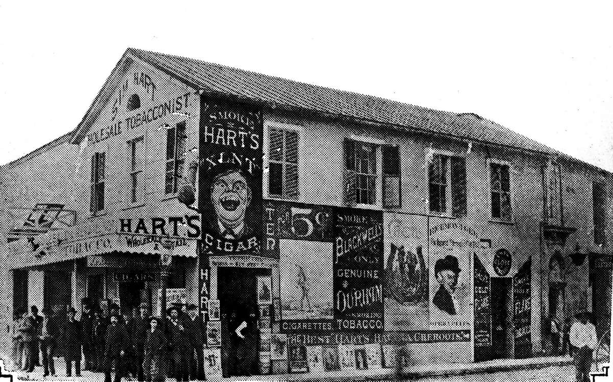 The “Fatal Corner” of the 1880s, where Commerce and Soledad streets now intersect on Main Plaza, included Hart’s Cigar Store, which had upstairs gambling rooms connected to the adjacent Vaudeville Theater, site of a famous 1884 shooting.