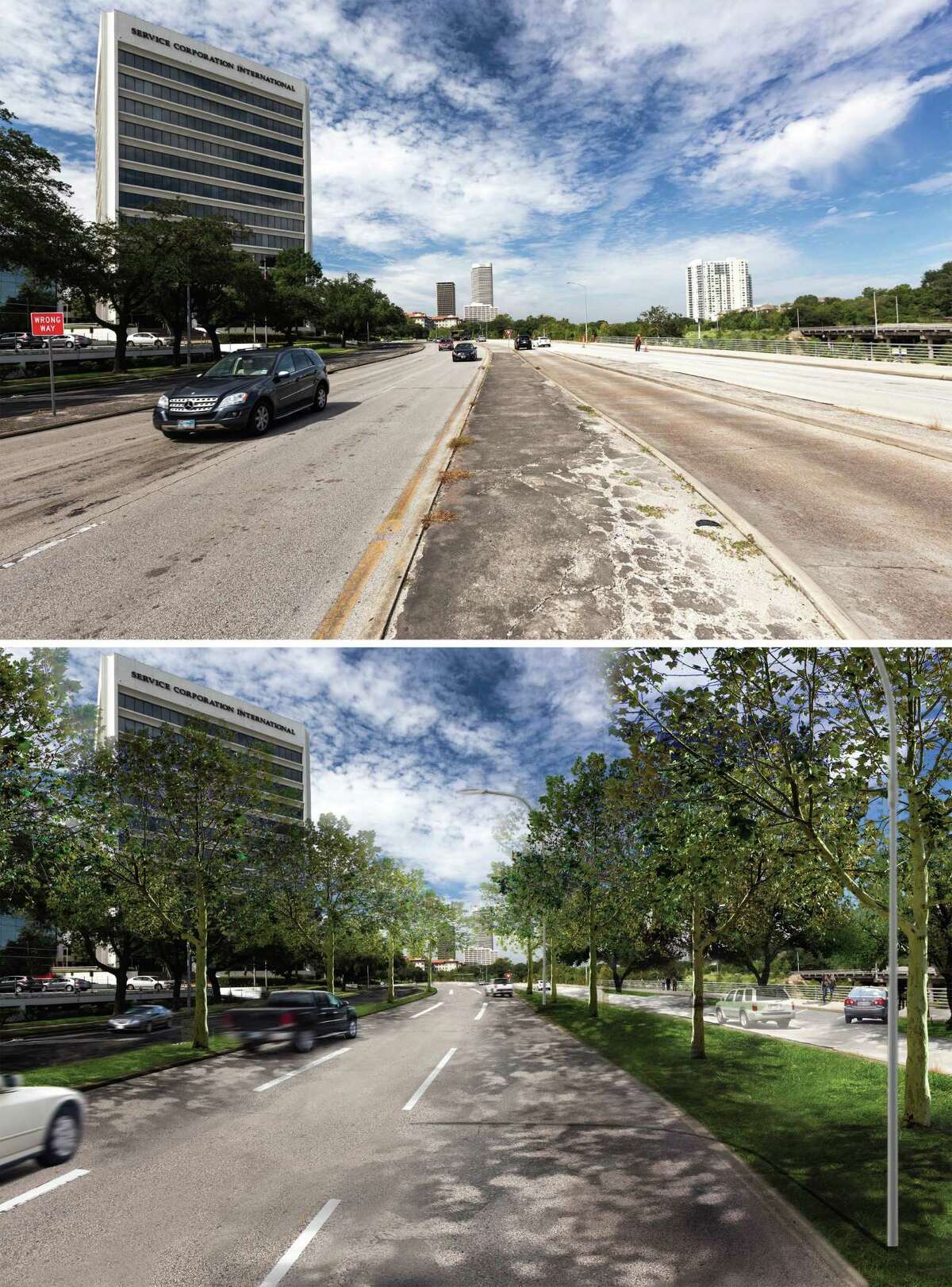 Before (top) and after renderings of Allen Parkway looking west at Taft Street. The City of Houston and Downtown Houston Management District have announced a $10 million renovation to Allen Parkway that will include shifting the lanes to make the current westbound lane a feeder lane to increase parking along the Buffalo Bayou Trail system. Rendering by SWA