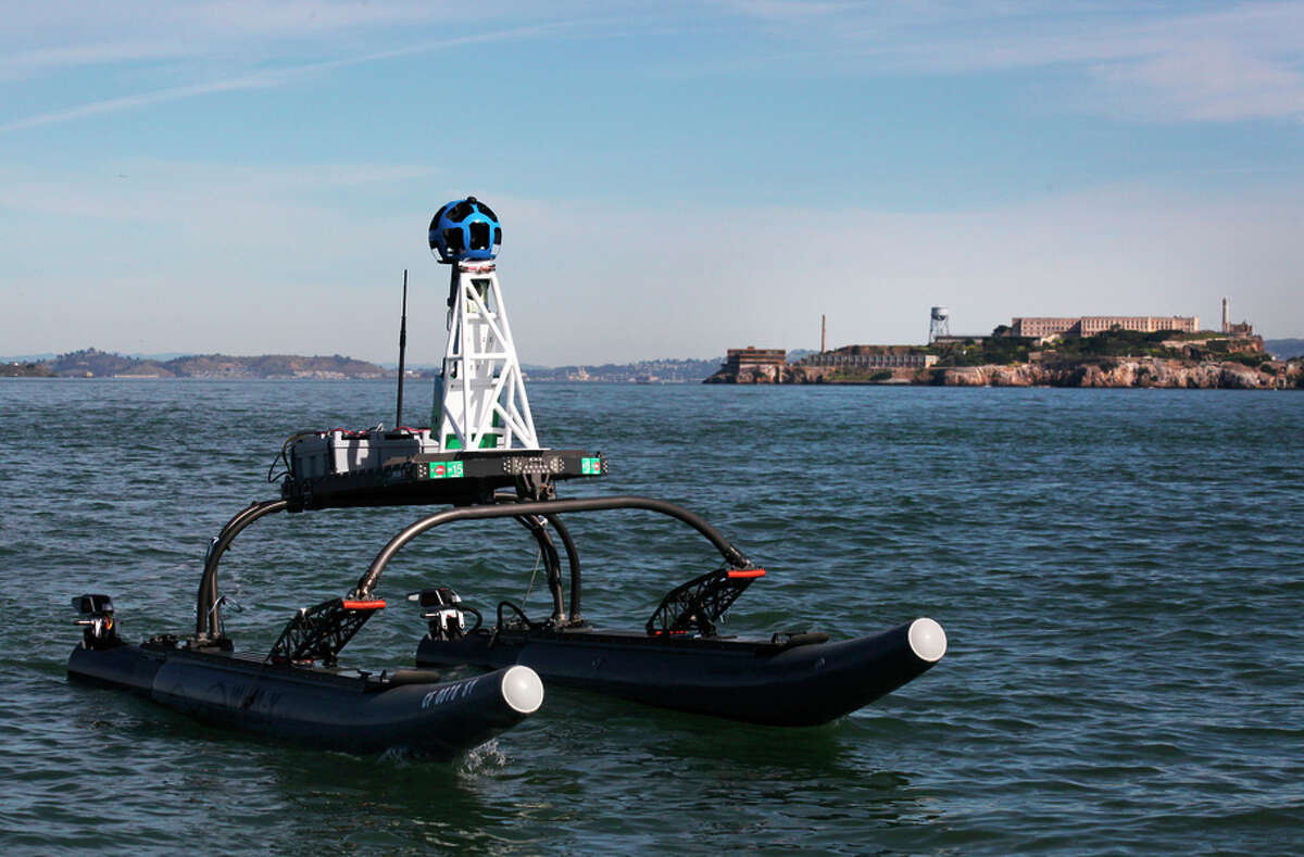 The new water drone that is capturing close-ups of the S.F. Bay shoreline is seeniIn the marina in front of Alcatraz.
