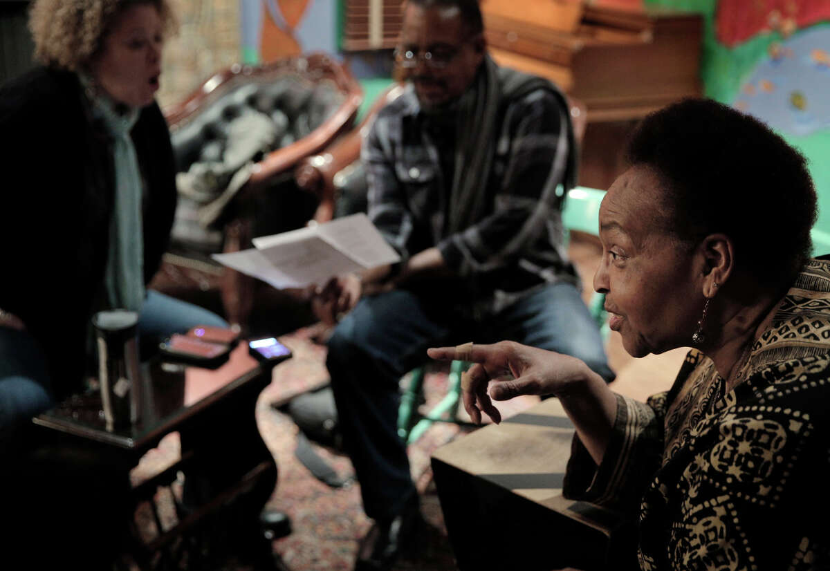 Linda Tillery (right), a Bay Area singer and musician for 50 years, discusses a song with Tammi Brown (off camera) during rehearsal for the Linda Tillery and Cultural Heritage Choir at the Montclair Women's Cultural Arts Club in Oakland.