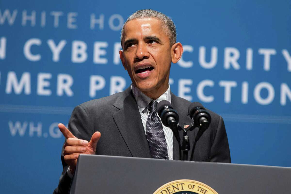 President Barack Obama speaks during a summit on cybersecurity and consumer protection, Friday, Feb. 13, 2015, at Stanford University in Palo Alto, Calif. The president said cyberspace is the new "wild West" _ with daily attempted hacks and people looking to the government to be the sheriff. He's asking the private sector to do more to help. (AP Photo/Evan Vucci) ORG XMIT: CAEV105