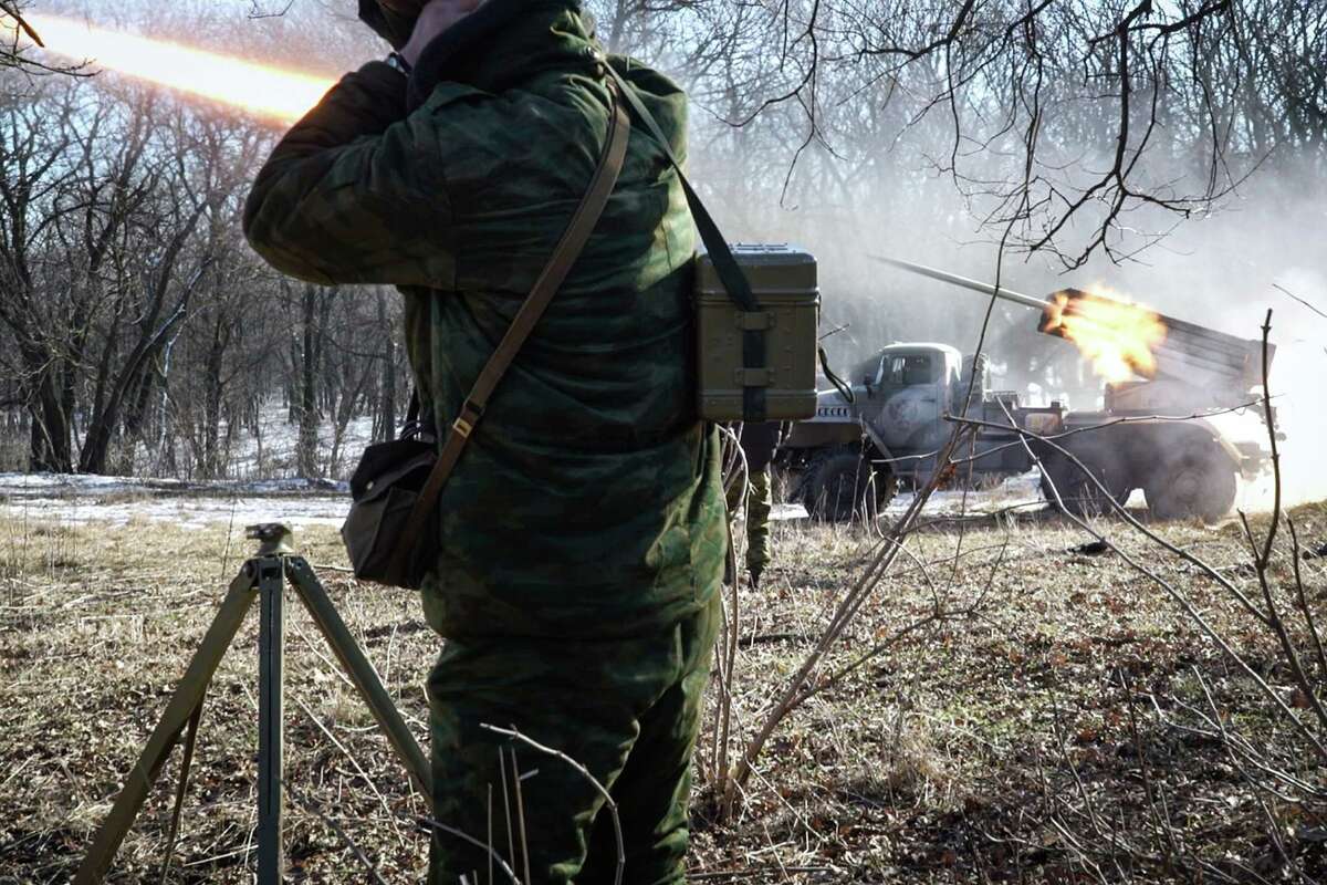 Pro-Russian rebels stationed in the eastern Ukrainian city of Gorlivka, Donetsk region, launch missiles from a Grad launch vehicle toward a position of the Ukrainian forces in Debaltseve, about 35km east of Gorlivka, on February 13, 2015. Fighting raged in Ukraine today as the clock ticked down to a ceasefire that will be a first test of Kiev and pro-Russian separatists' committment to a freshly-inked peace plan. AFP PHOTO / ANDREY BORODULINANDREY BORODULIN/AFP/Getty Images