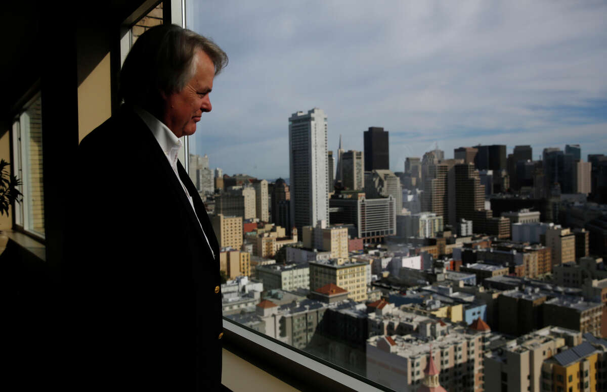 David Seward, Hastings’ chief financial officer, looks out at downtown S.F. from the 24th floor of the law school’s tower at 100 McAllister St., which houses 20 percent of its students.