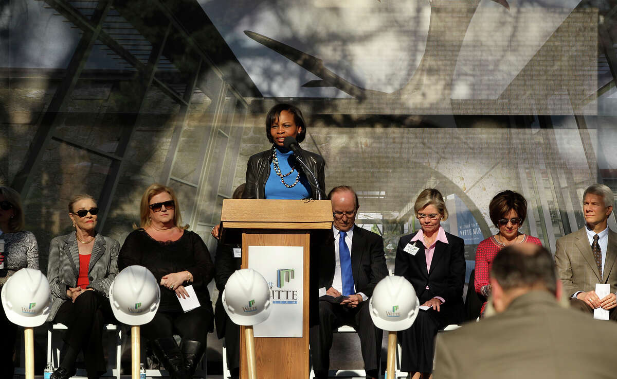 San Antonio Mayor Ivy Taylor (at lectern) speaks Monday February 9, 2015 at a groundbreaking ceremony at the Witte Museum. The ceremony marks the beginning of construction of a $60 million Phase II two-year project called the New Witte. The alterations include renovation and expansion of the main museum building, the Mays family Center, and new facade featuring a stylized representation of the Mission Espada aqueduct.