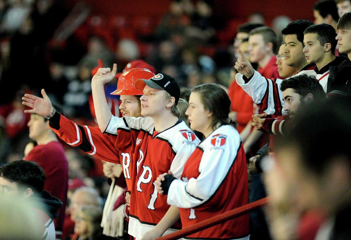 Rensselaer Polytechnic Institute fans cheer as their team plays Yale during the first period of an NCAA college hockey game in Troy, N.Y., Saturday, Feb. 14, 2015. (Hans Pennink / Special to the Times Union) ORG XMIT: HP106