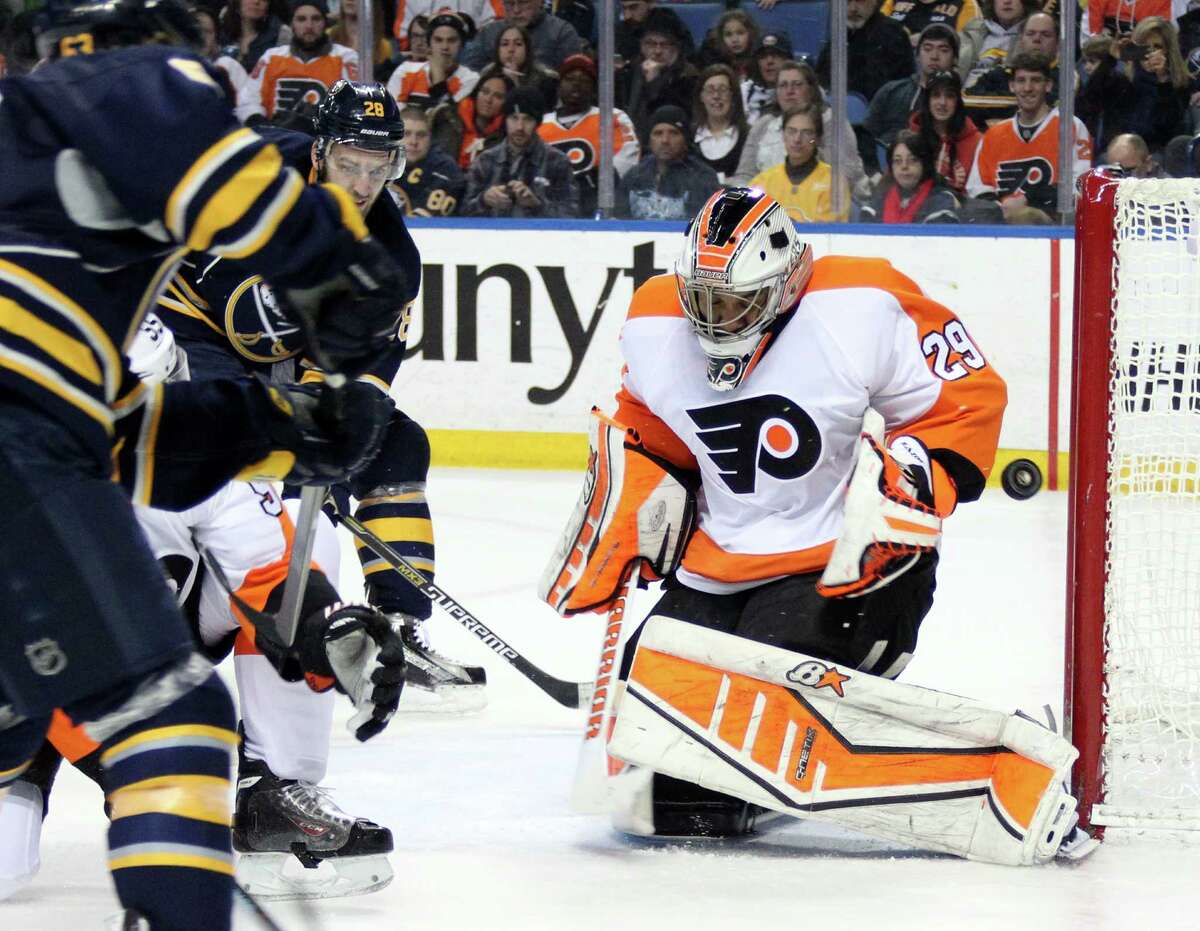 Philadelphia Flyers' Ray Emery (29) makes a save against the Buffalo Sabres during the second period of an NHL hockey game, Sunday, Feb. 15, 2015, in Buffalo, N.Y. (AP Photo/Jen Fuller) ORG XMIT: NYJF105