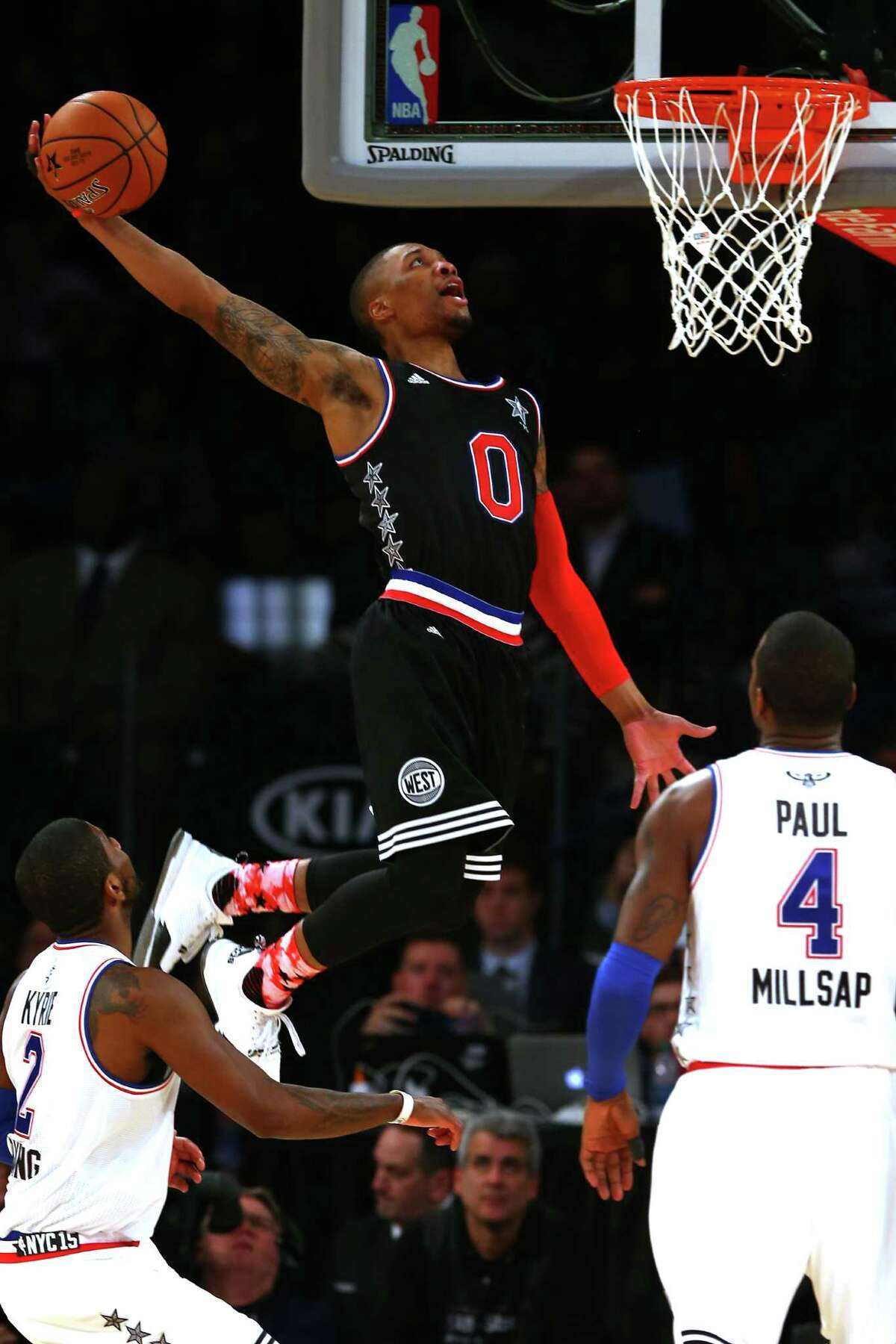 NEW YORK, NY - FEBRUARY 15: Russell Westbrook #0 of the Oklahoma City Thunder and the Western Conference dunks the ball in the second half during the 2015 NBA All-Star Game at Madison Square Garden on February 15, 2015 in New York City. NOTE TO USER: User expressly acknowledges and agrees that, by downloading and/or using this photograph, user is consenting to the terms and conditions of the Getty Images License Agreement. (Photo by Elsa/Getty Images)