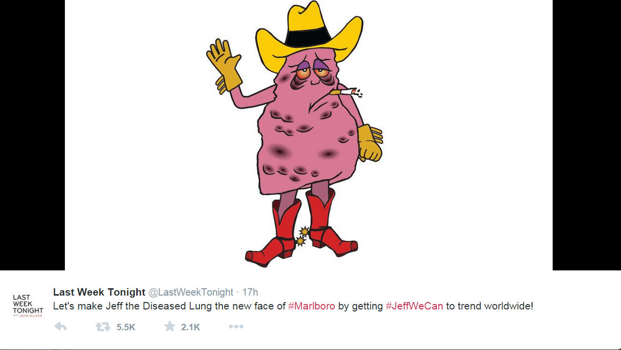 last week tonight tobacco John Oliver campaigns to make 'Jeff the Diseased Lung' the new face of the  tobacco industry