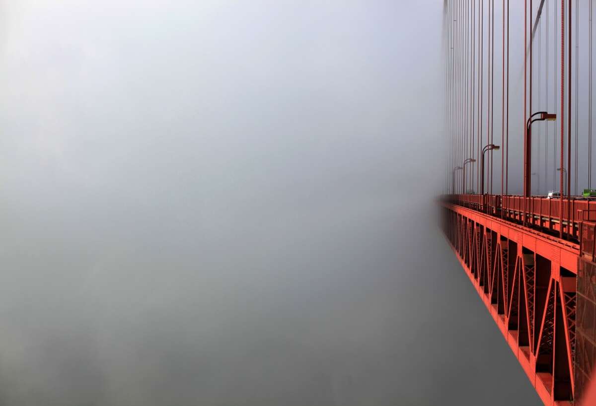 A streamlined fog bank hides the south end of the Golden Gate Bridge on May 8, 2012 in San Francisco, Calif.