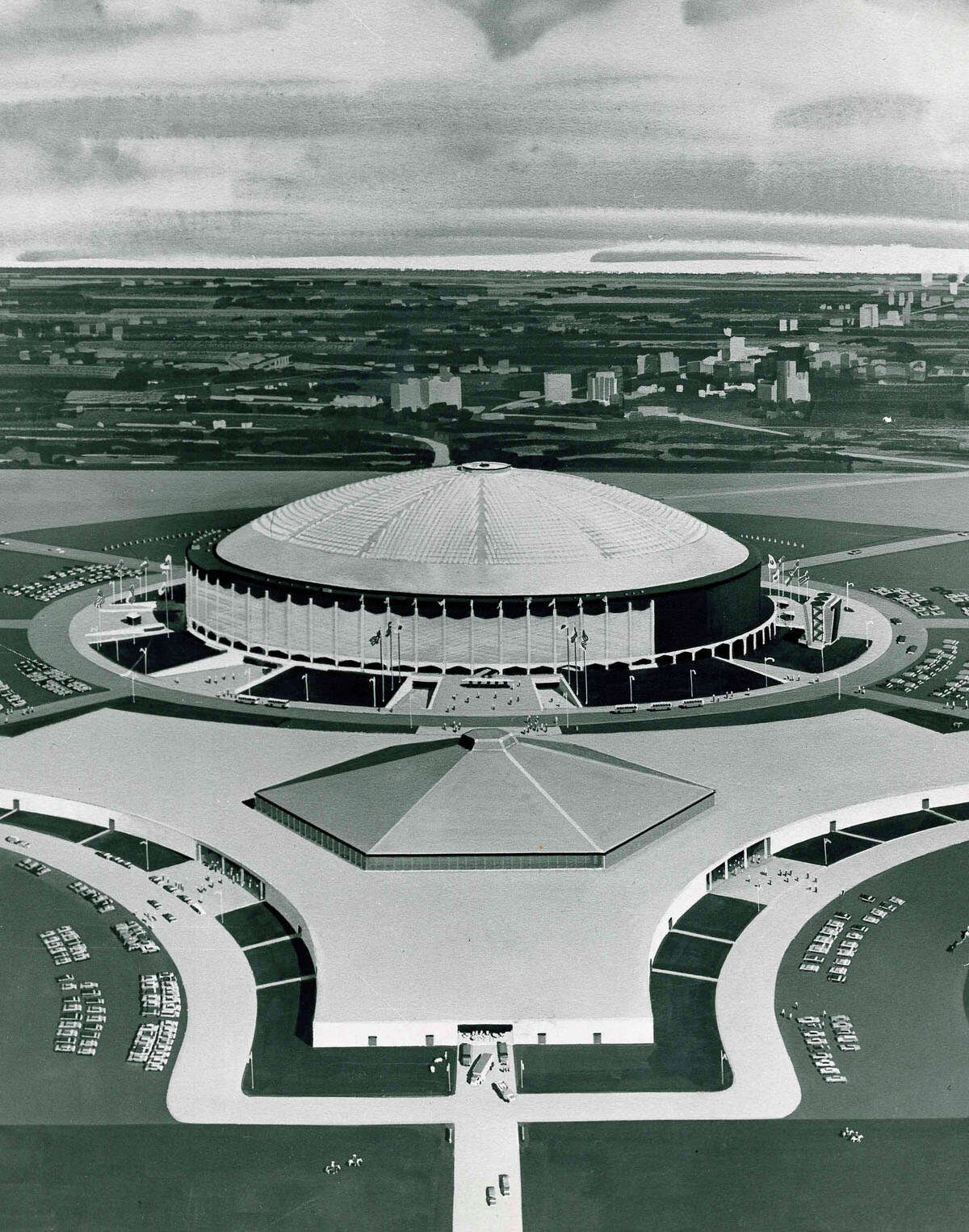 The year 1966 was the first year the Houston Livestock Show and Rodeo was held in the AstroDome. This is a 1965 rendering of the AstroHall as it would look when it was completed.