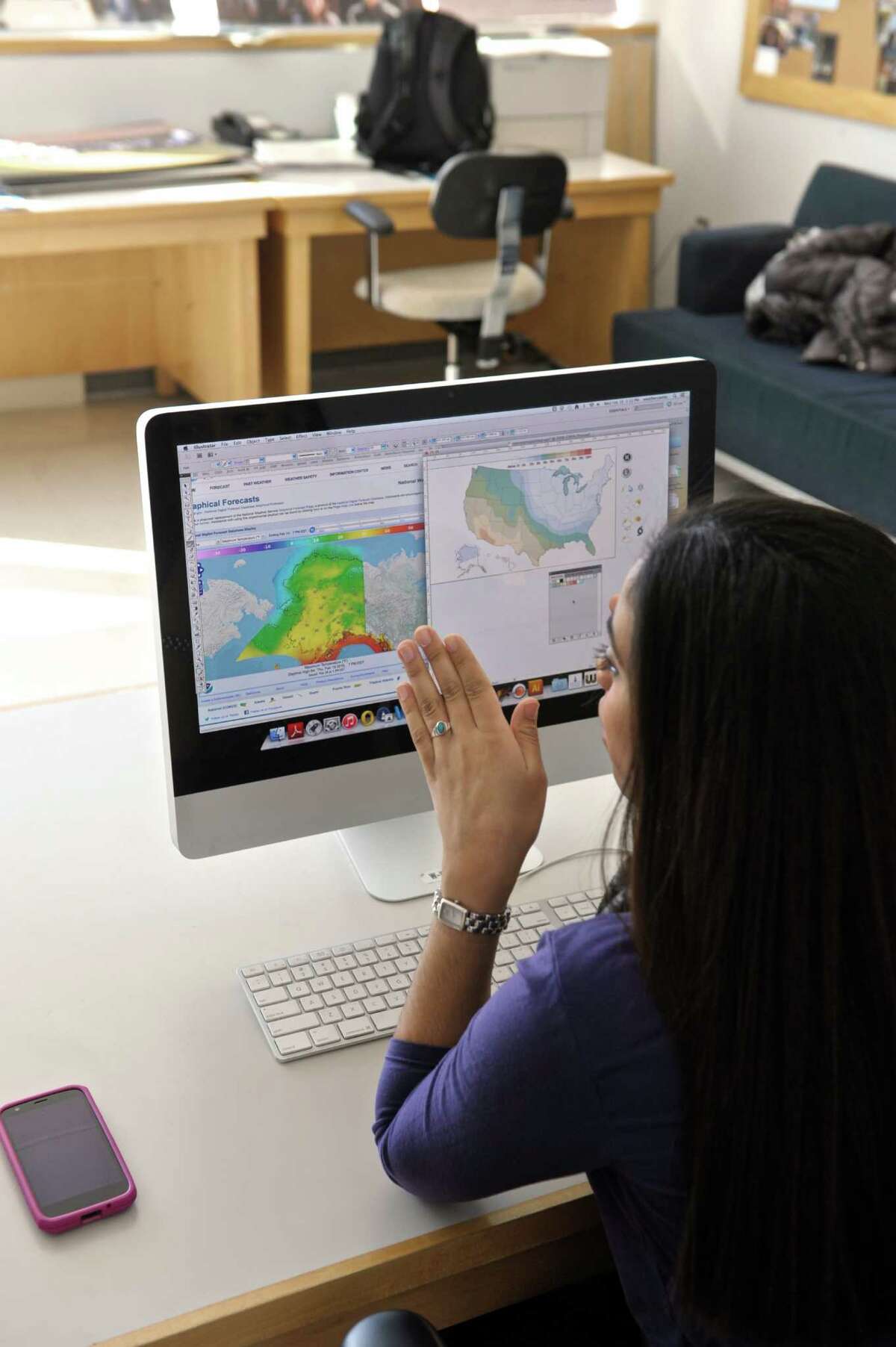 Ana Cabrera, a second semester freshman in the Meteoroligical Studies program at Western Connecticut State University creates weather maps for newspapers in the WCSU Weather Center, on Wednesday, February 18, 2015, in Danbury, Conn.
