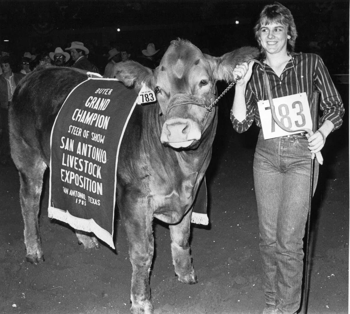 Suzanne Stewman from Sweetwater, Texas with her 1985 grand champion steer