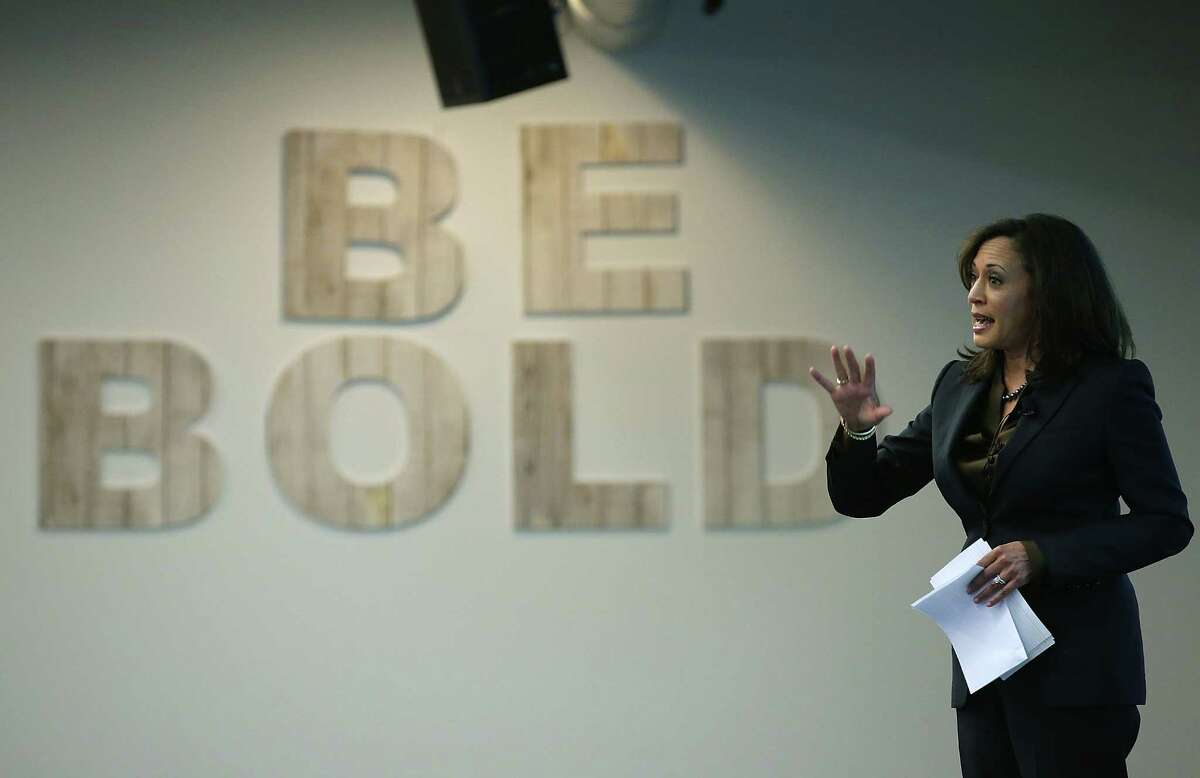 California Attorney General Kamala Harris delivers a keynote address during a Safer Internet Day event at Facebook headquarters on Feb. 10.