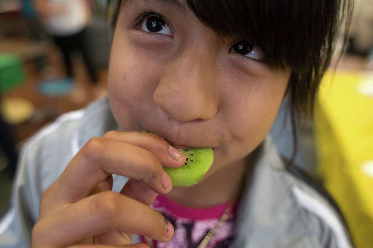 Fourth-grader Daisy Olmos, 10, tastes a slice of kiwi as children from Briscoe Elementary School participated in Veggie Fest sponsored by Recipe for Success Friday, May 23, 2014, in Houston. Fourth and fifth-graders did taste testings, learned about fruits and vegetables through education and games.( Johnny Hanson / Houston Chronicle )