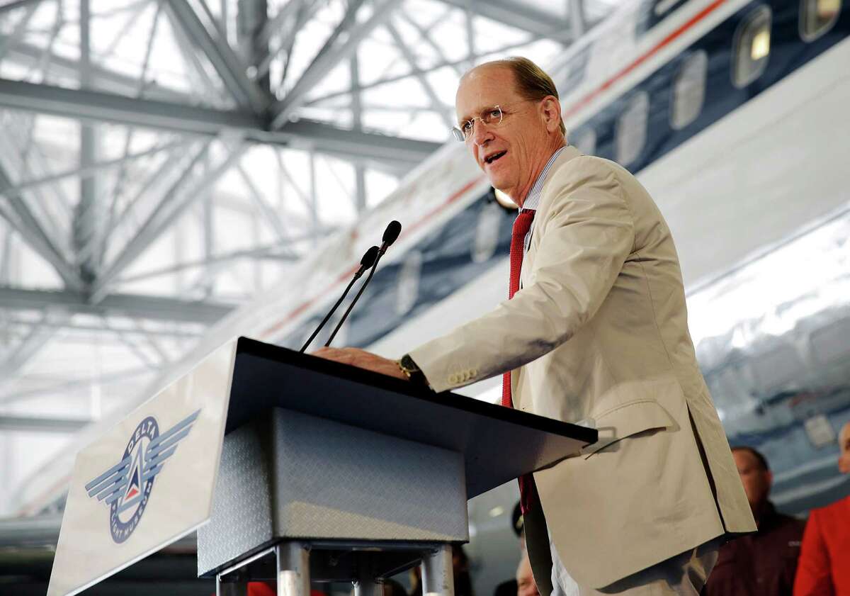 FILE - In this June 17, 2014 file photo, Delta Air Lines CEO Richard Anderson speaks at the grand opening of the new Delta Flight Museum in Atlanta. A recent comment from Anderson about 9/11 has escalated a dispute between U.S. airlines and fast-growing Persian Gulf competitors. (AP Photo/David Goldman, File)