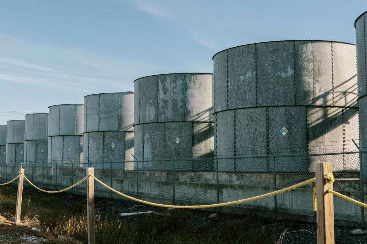 U.S. oil inventories hit another record last week. These storage tanks are at Port Fourchon, Louisiana. (William Widmer/The New York Times)