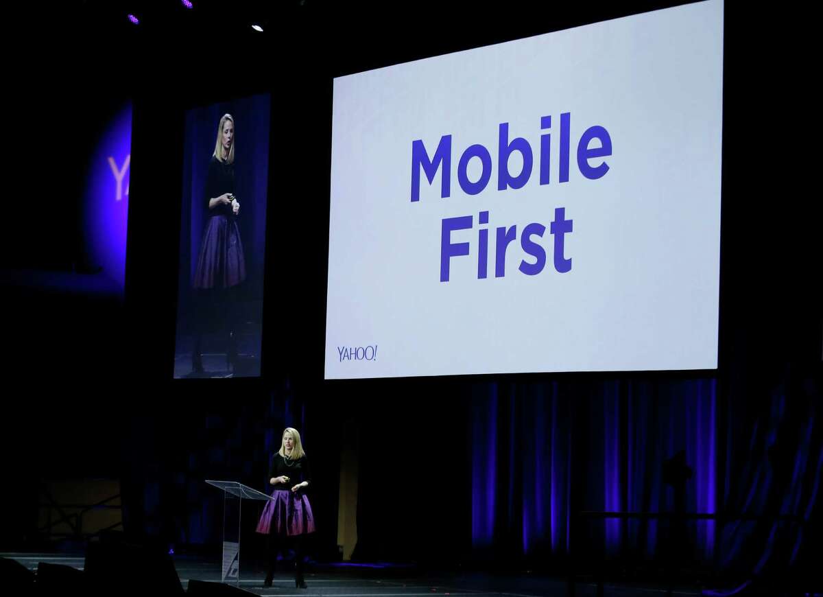 Yahoo President and CEO Marissa Mayer delivers the keynote address at the first-ever Yahoo Mobile Developer Conference Thursday, Feb. 19, 2015, in San Francisco. (AP Photo/Eric Risberg)