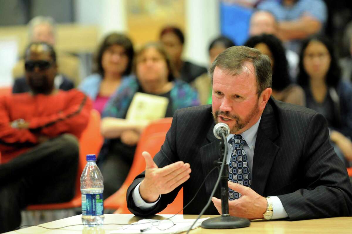 File - Brian Howard takes questions from the Board of Education about his report on Thursday, July 1, 2010, at Albany High in Albany, N.Y. (Cindy Schultz / Times Union archive)