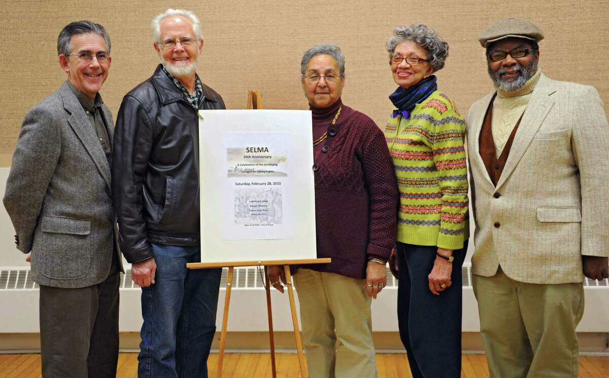 The organizers for "Selma: 50th Anniversary Celebration of Continuing Struggle for Voting Rights," are from left, Rev. Samuel Trumbore, Paul Murray, Barbara Baxter, Virginia Lanier and Donald Hyman on Tuesday, Jan. 20, 2015 in Albany, N.Y. The multi-media event will happen on Feb. 28 at Swyer Theatre at the Empire State Plaza. (Lori Van Buren / Times Union)