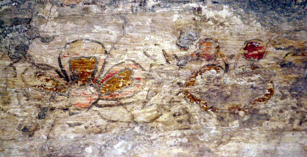 Fresco were recently discovered in February of 2000 on the sacristy wall of the Alamo Chapel of the Alamo in San Antonio, Texas. Pam Rosser and Cisi Jary of Restoration Associates, Limited, for four weeks willbe restoring what's left of the old paintings. A flower is depicted on the left and they believe a pomegranate is depicted on the right. (Ap Photo/San Antonio Epress-News,John Davenport)