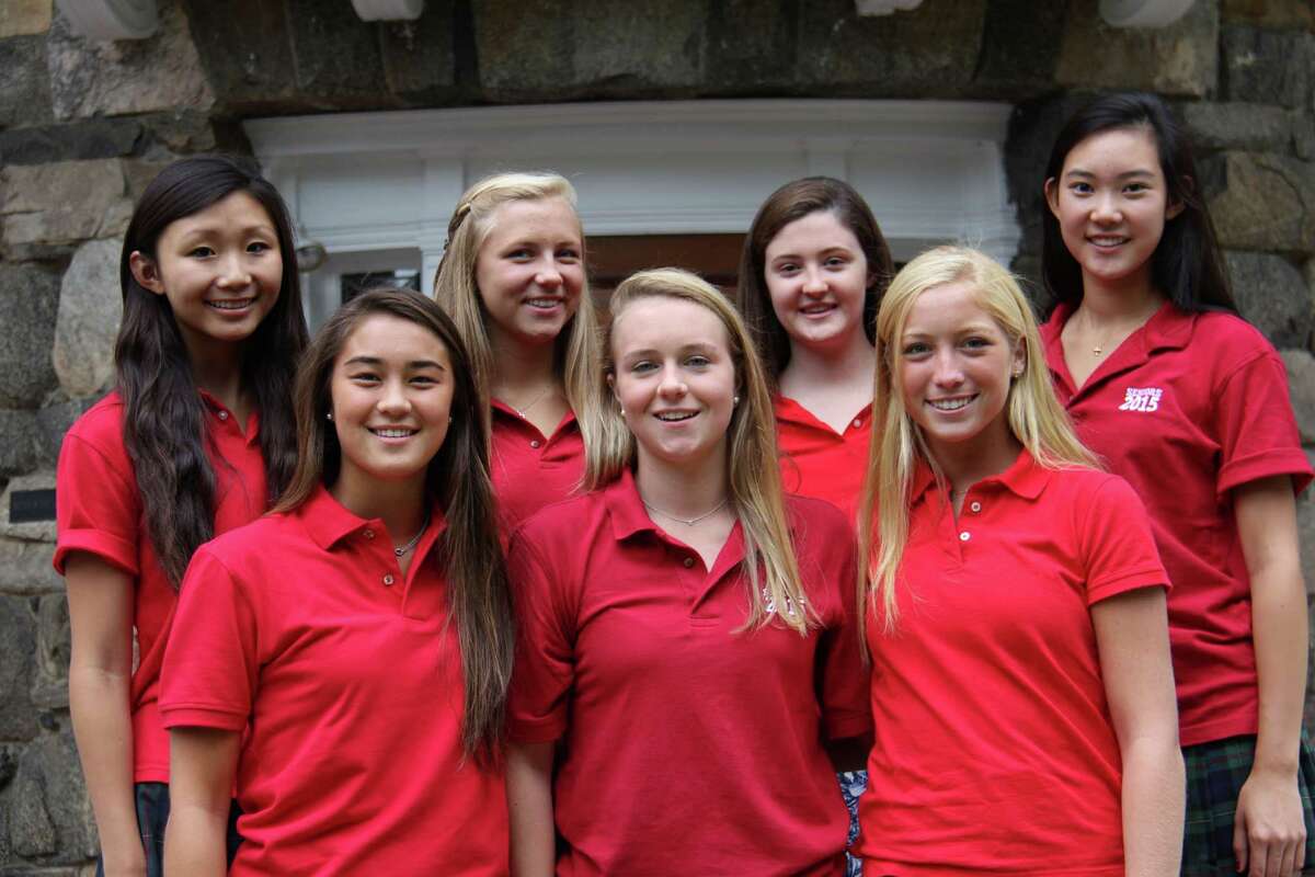Greenwich Academy has seven finalists in the 2015 National Merit Scholarship Program. Back row, from left, are: Hannah Hu, Olivia Hartwell, Rebecca Dolan and Caroline Zhao. Front row, from left, are: Sarah Frauen, Katrina Kraus and Sarah Better.