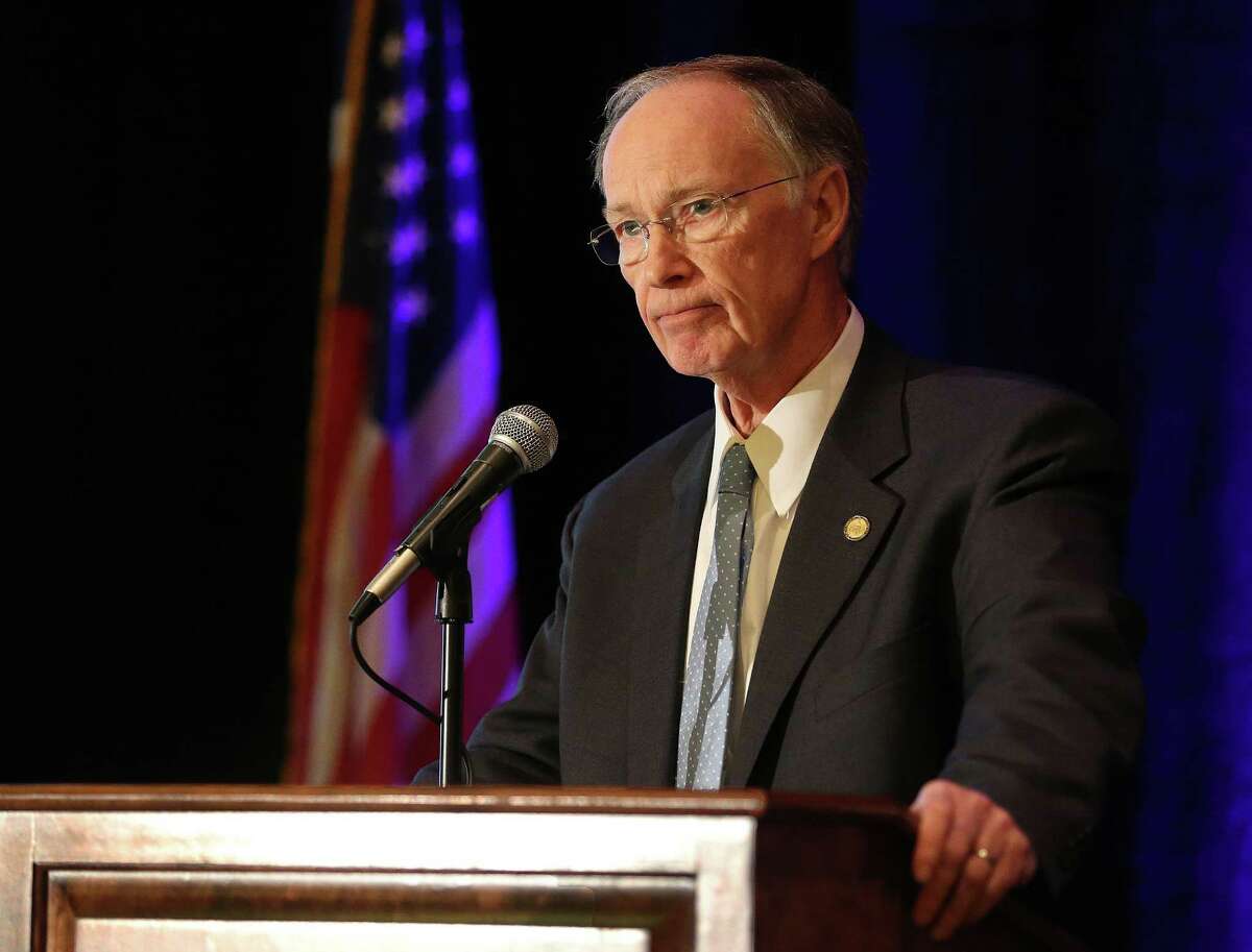Alabama Gov. Robert Bentley speaks during the Mobile Area Chamber of Commerce Legislative Lunch, Monday, Feb. 2, 2015, at the Renaissance Mobile Riverview Plaza Hotel in Mobile, Ala. (AP Photo/AL.com, Mike Brantley)
