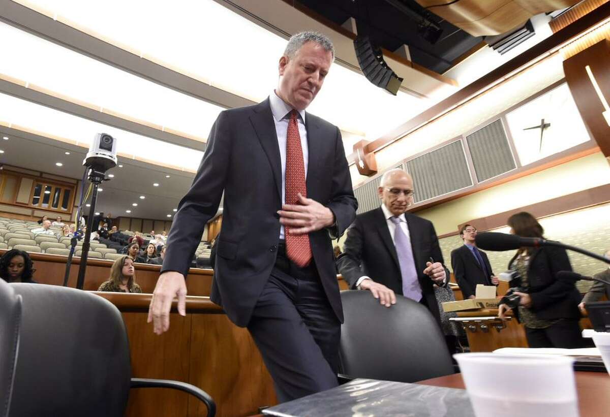 New York Mayor Bill de Blasio arrives to address a joint Senate and Assembly committee weighing Gov. Andrew Cuomo's budget proposal for the coming fiscal year. (Skip Dickstein / Times Union)