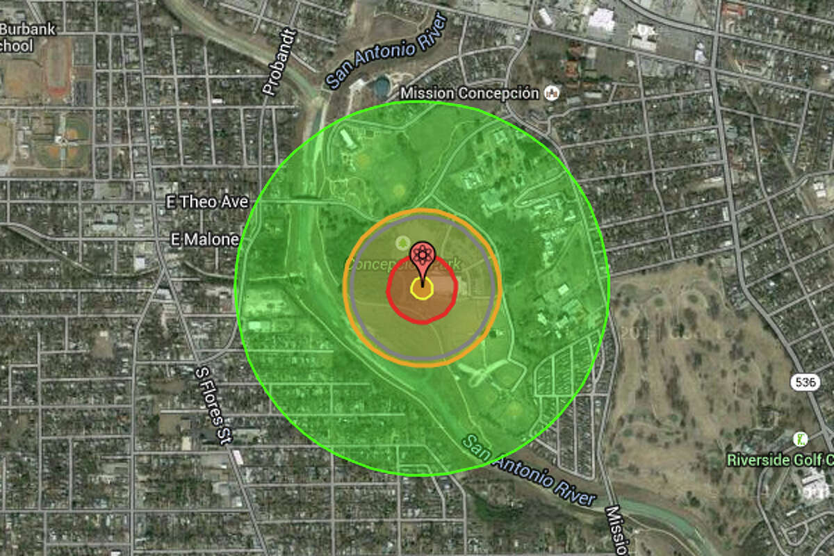 Concepcion Park A 100-ton crude nuclear terrorist weapon detonated on Concepcion Park would look like this. Radiation (green) would envelope the entire area.