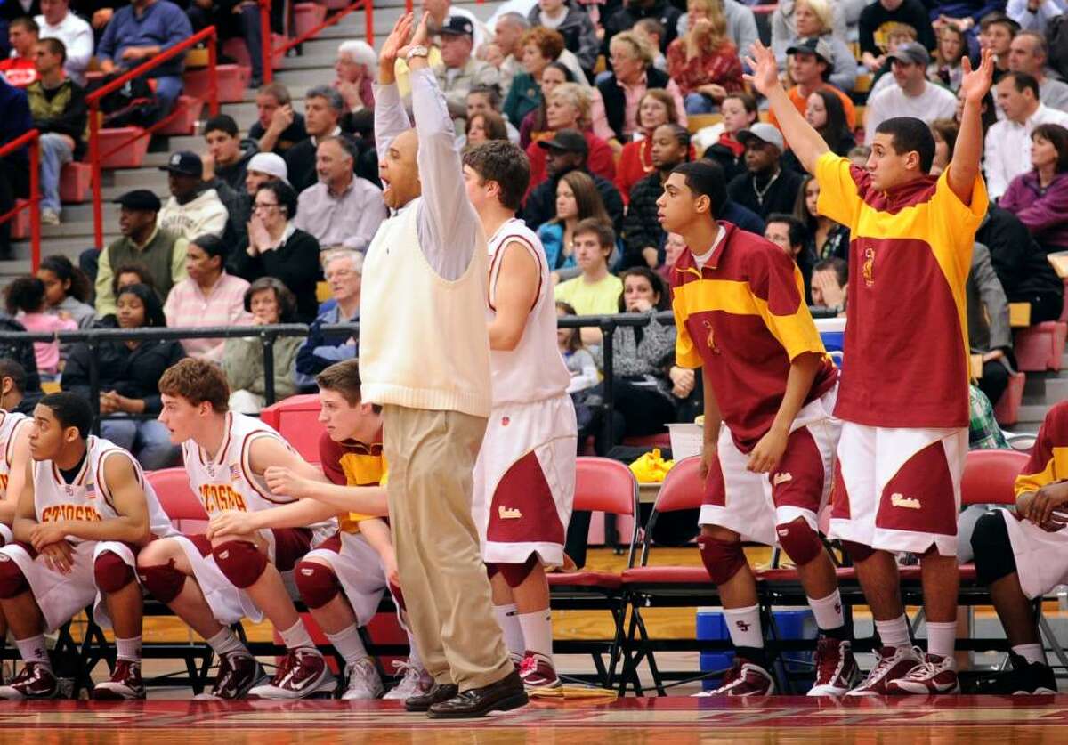 St. Joseph's bench reacts during the FCIAC semi-final game against Stamford Tuesday Mar. 2, 2010 at Sacred Heart Univeresity's Pitt Center.