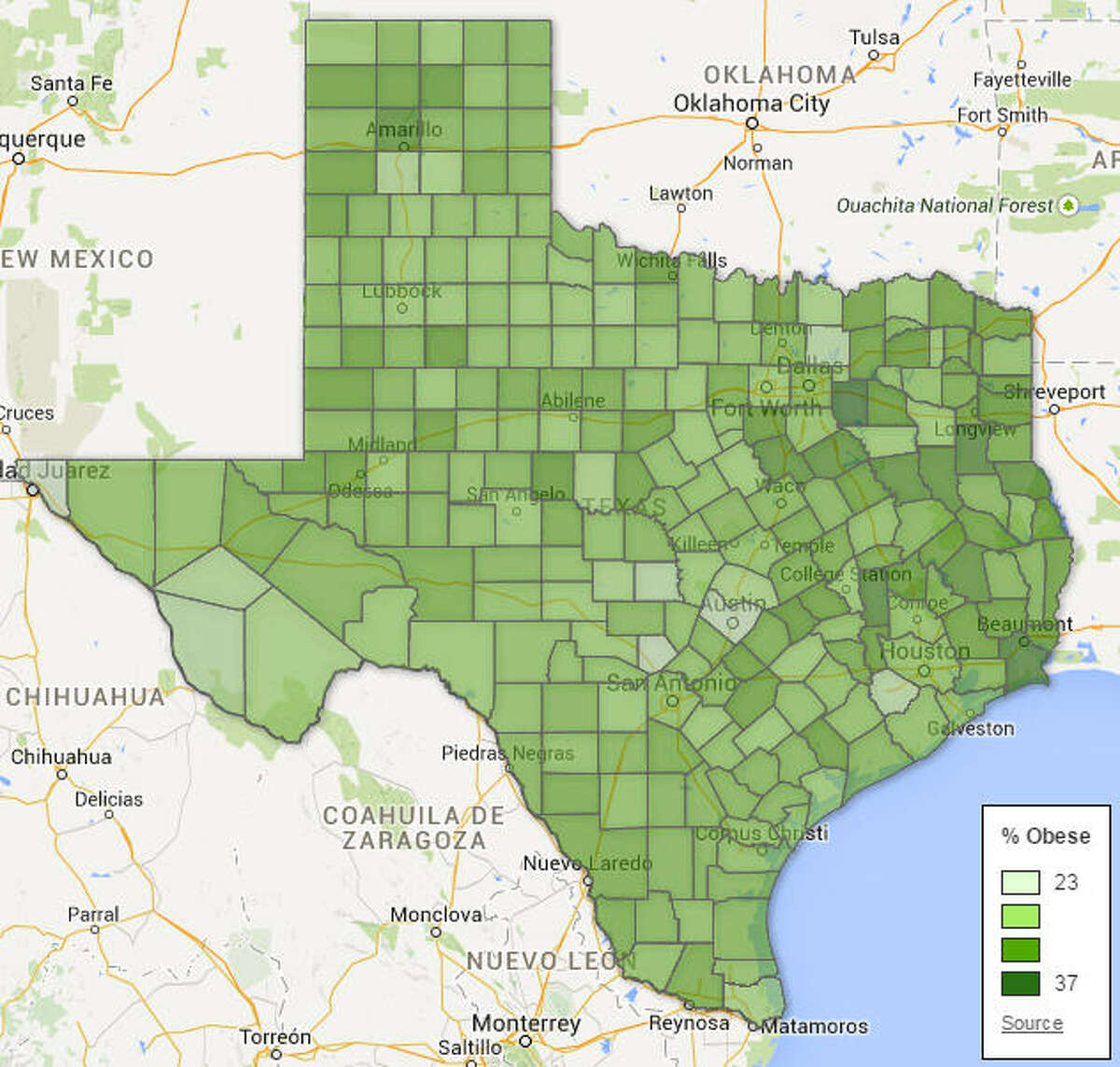 See the most and least obese counties in Texas.