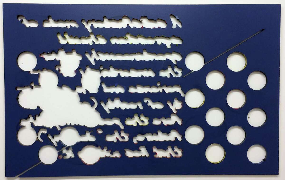 Graham Hamilton, "CNC med blue txt," 2014, oil and acrylic on MDF, 30 x48 inches. Courtesy LABspace.